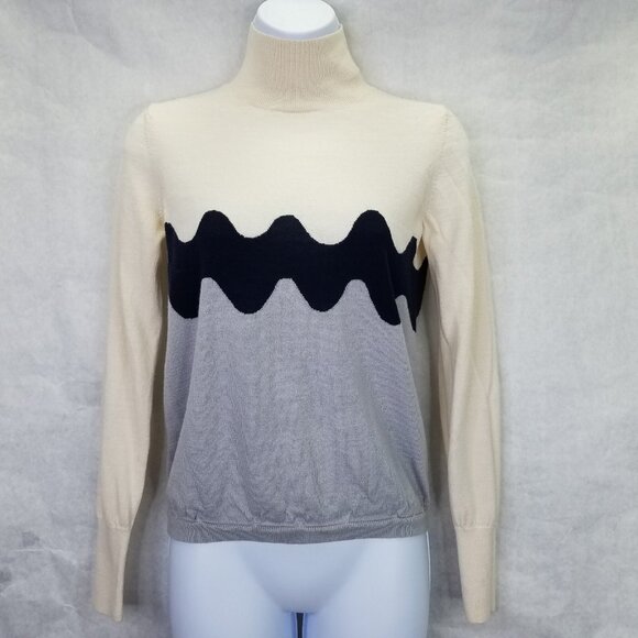 Uniqlo × Marimekko Mock Turtleneck Sweater S Knit Wave Cream Gray Black Wool - Picture 2 of 15